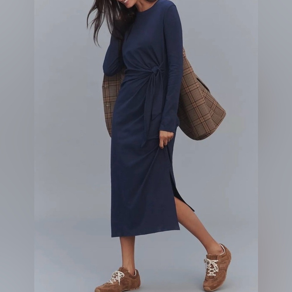 Anthropologie Daily Practice Blue Tie Breaker Long-Sleeve Midi Dress Sz M Gorp